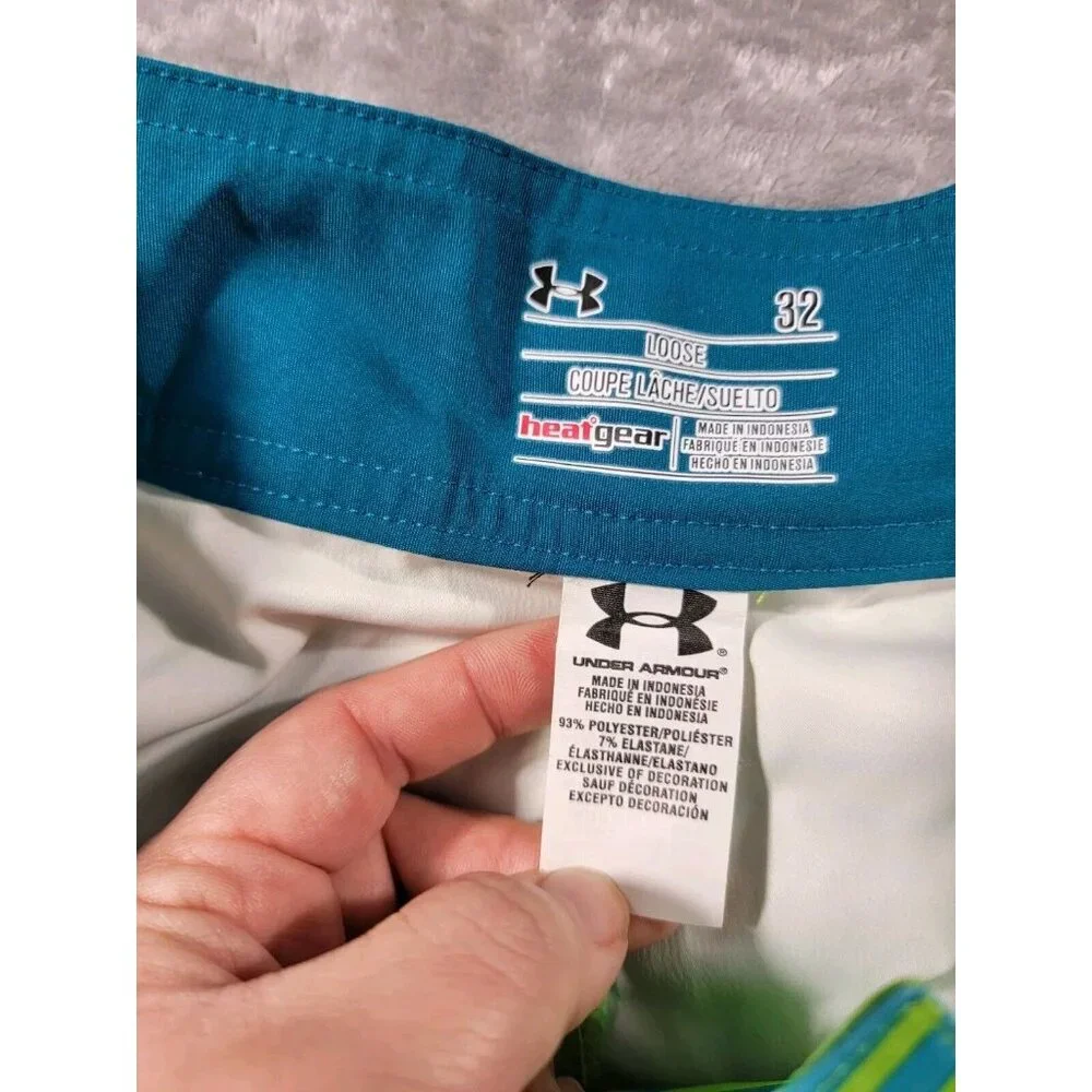 Under Armour Board Shorts Men 32x10 Blue Stripes Drawstring Waist Cargo Swimming